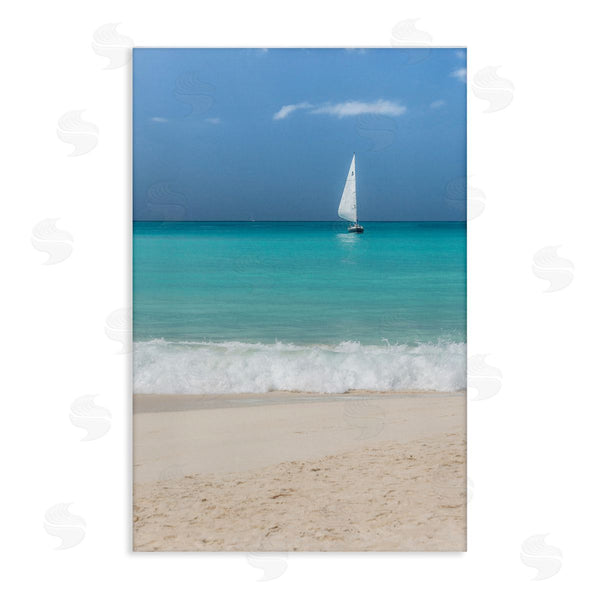 stupell industries Mary Lou Johnson | Lone Sailboat Beach Tide Wall Art