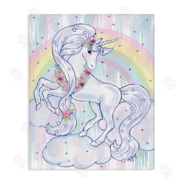 stupell industries Maureen Griggs | Purple Unicorn Floral Mane Clouds Under Rainbow Wall Art