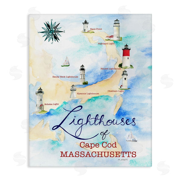stupell industries Melissa Hyatt | Coastal Map of Cape Cod Massachusetts Lighthouses