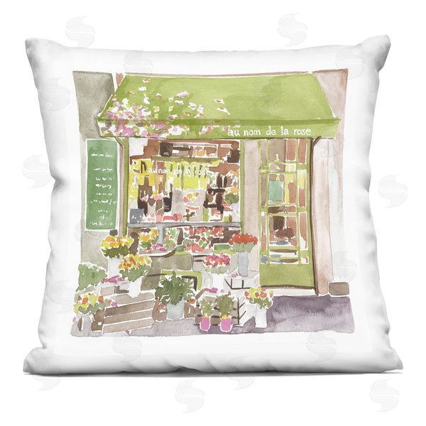 stupell industries Melissa Wang | French Flower Shop Green Botanical Storefront Printed Throw Pillow