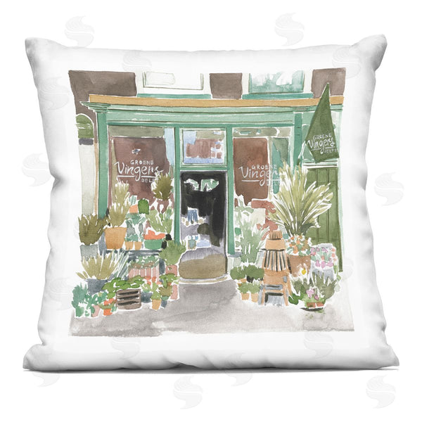 stupell industries Melissa Wang | French Town Flower Shop Botanical Storefront Printed Throw Pillow