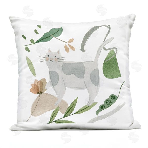 Stupell Industries Melissa Wang | Gray Cat Mixed Botanical Herb Leaves Printed Throw Pillow