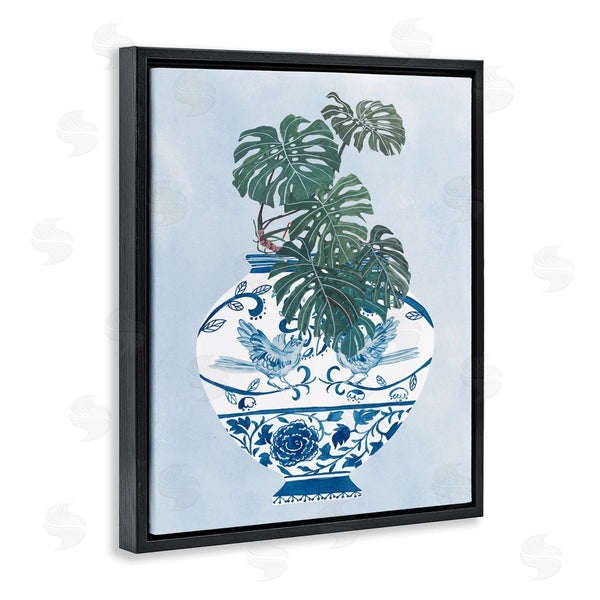 Stupell Industries Melissa Wang | Monstera Palm Plant Ornate Blue Bird Vase Scene Wall Art
