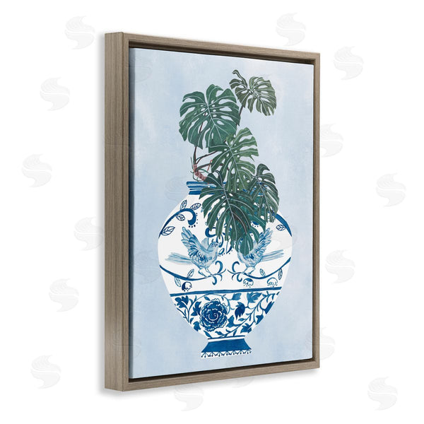 Stupell Industries Melissa Wang | Monstera Palm Plant Ornate Blue Bird Vase Scene Wall Art