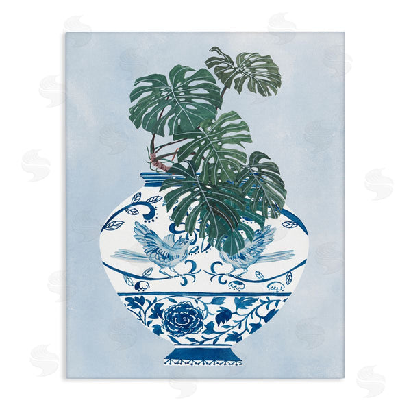 stupell industries Melissa Wang | Monstera Palm Plant Ornate Blue Bird Vase Scene Wall Art