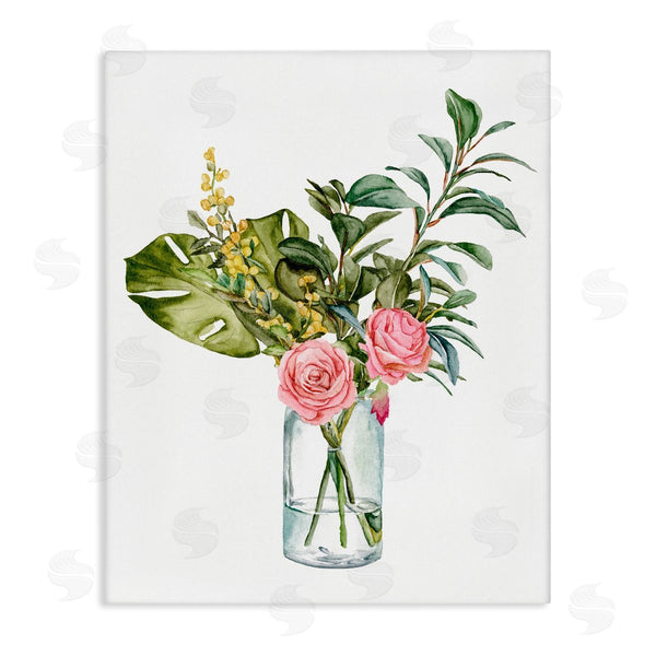 stupell industries Melissa Wang | Pink Rose Flowers Monstera Leaves Watercolor Still Life Wall Art