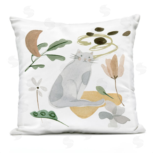 Stupell Industries Melissa Wang | Smiling Gray Cat Minimal Flower Sprigs Printed Throw Pillow