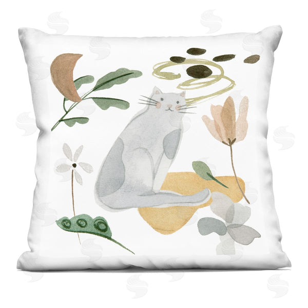 stupell industries Melissa Wang | Smiling Gray Cat Minimal Flower Sprigs Printed Throw Pillow