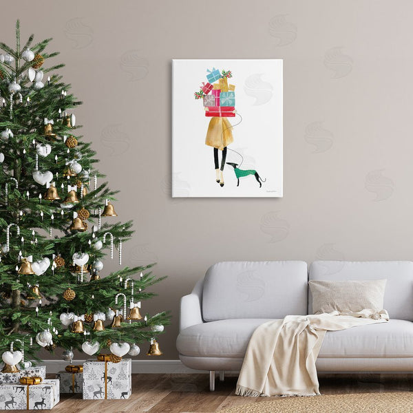 Stupell Industries Mercedes Lopez Charro | Cheerful Woman Holding Various Holiday Gifts & Dog Wall Art