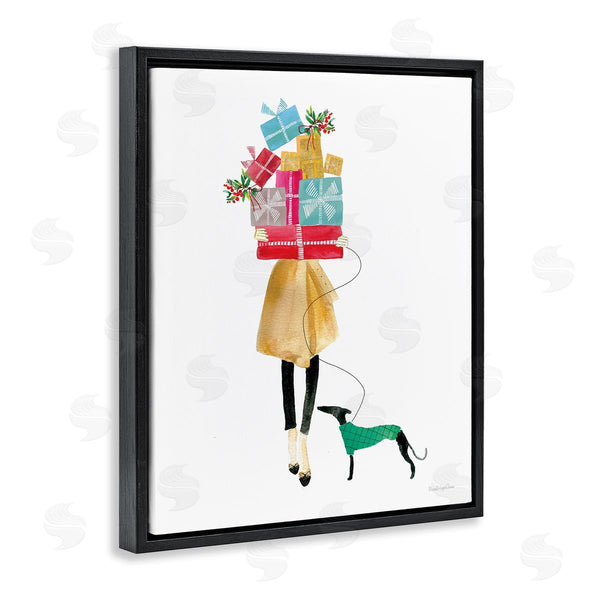 Stupell Industries Mercedes Lopez Charro | Cheerful Woman Holding Various Holiday Gifts & Dog Wall Art