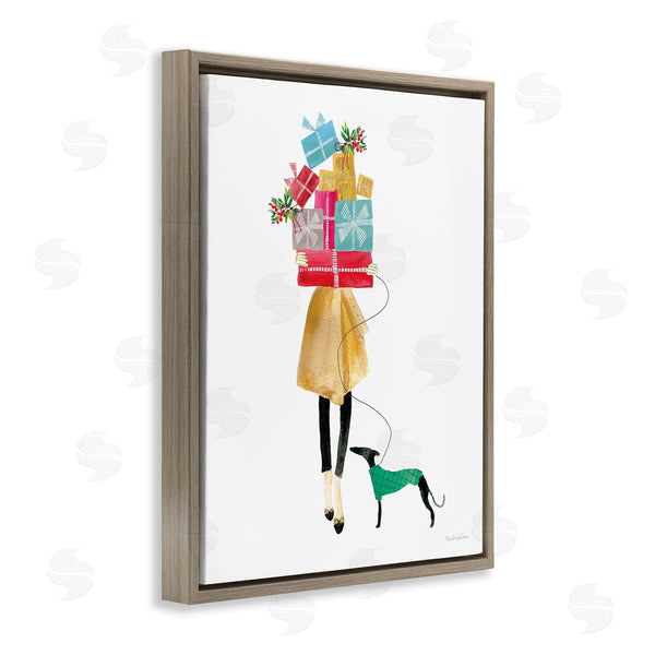 Stupell Industries Mercedes Lopez Charro | Cheerful Woman Holding Various Holiday Gifts & Dog Wall Art