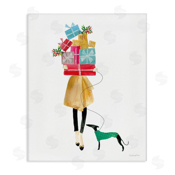 stupell industries Mercedes Lopez Charro | Cheerful Woman Holding Various Holiday Gifts & Dog Wall Art