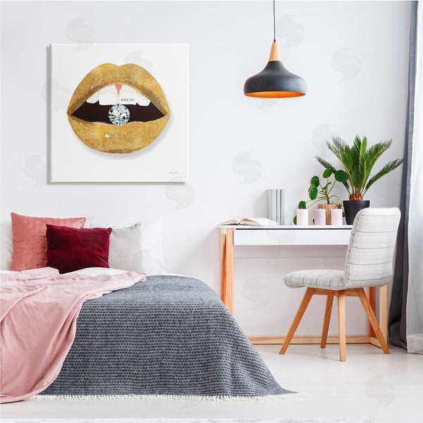 Stupell Industries Mercedes Lopez Charro | Shine On Sentiment Gold Lips Glam Diamond Bite Wall Art