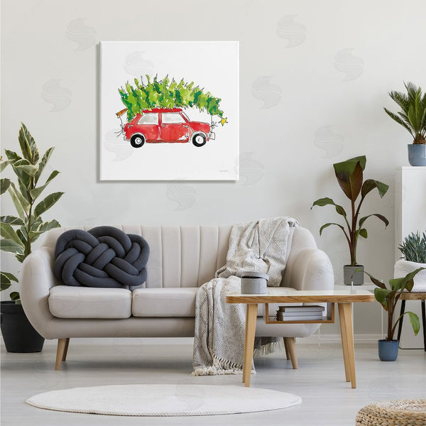 Stupell Industries Mercedes Lopez Charro | Vintage Red Car Oversized Christmas Tree Watercolor Wall Art