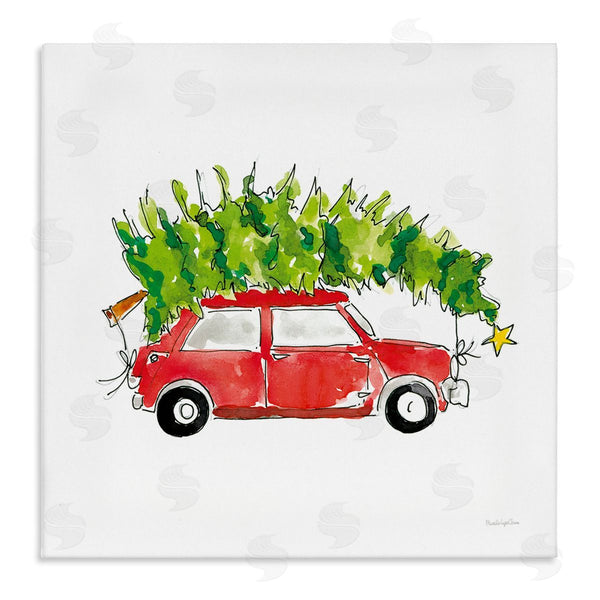 stupell industries Mercedes Lopez Charro | Vintage Red Car Oversized Christmas Tree Watercolor Wall Art