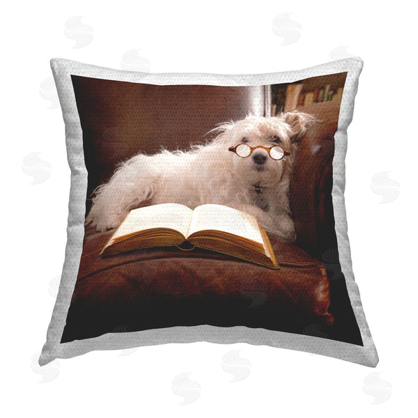 Stupell Industries Michael Quackenbush | Dog In Glasses Reading Book Printed Throw Pillow