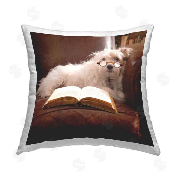 stupell industries Michael Quackenbush | Dog in Glasses Reading Book Printed Throw Pillow