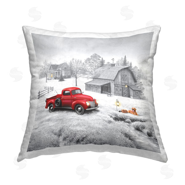 stupell industries Michael Shelton | Red Vintage Truck Farmland Barn Printed Throw Pillow