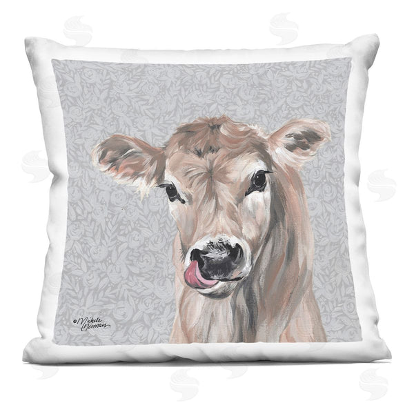 stupell industries Michele Norman | Baby Calf Cow Portrait Botanical Blossom Pattern Printed Throw Pillow