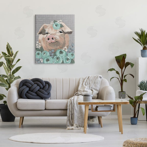 Stupell Industries Michele Norman | Fuzzy Pig Surrounded Turquoise Flower Arrangement Pattern Wall Art