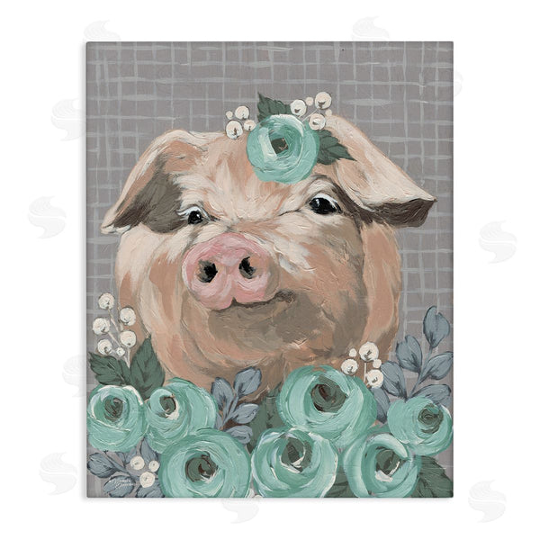 stupell industries Michele Norman | Fuzzy Pig Surrounded Turquoise Flower Arrangement Pattern Wall Art