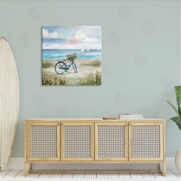 Stupell Industries Nan | Charming Blue Bicycle Floral Bouquet Distant Beach Sailboats Wall Art