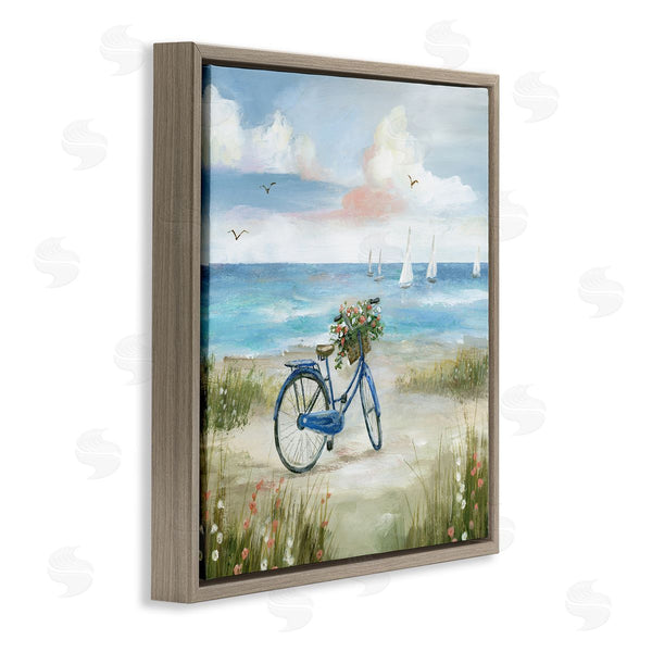 Stupell Industries Nan | Charming Blue Bicycle Floral Bouquet Distant Beach Sailboats Wall Art