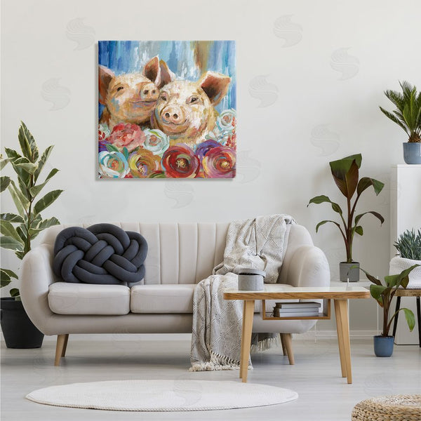 Stupell Industries Nan | Contemporary Farm Pig Couple Soft Petal Florals Wall Art