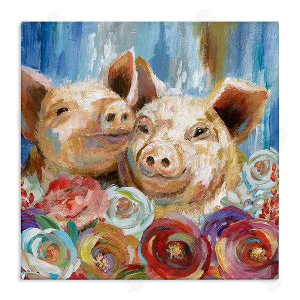 stupell industries Nan | Contemporary Farm Pig Couple Soft Petal Florals Wall Art