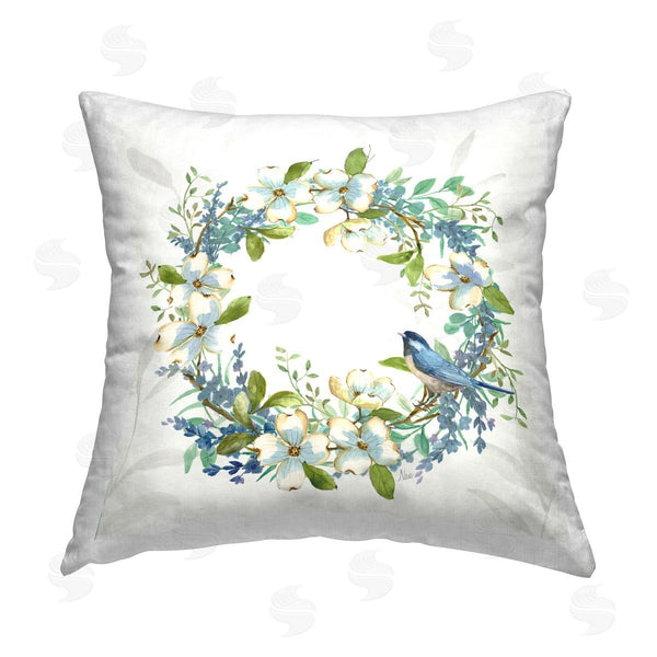 stupell industries Nan | Dogwood Wreath & Bluebirds Printed Throw Pillow