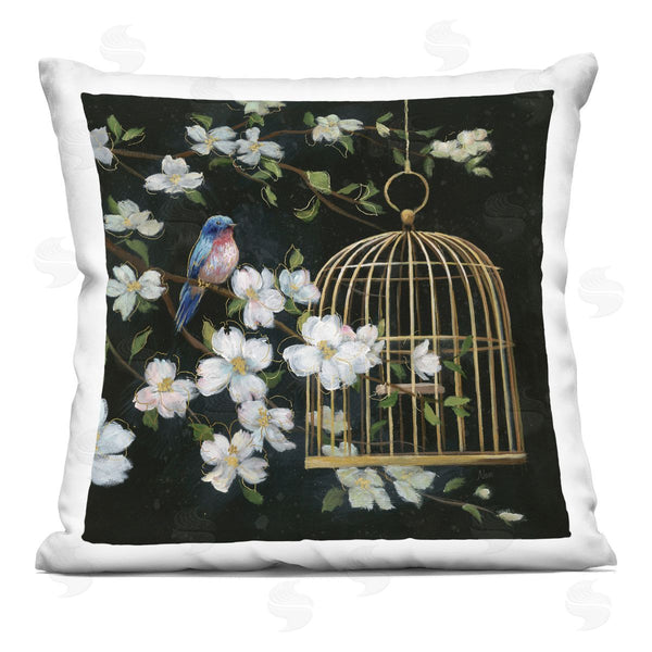 stupell industries Nan | Evening Song Birdcage over Black Printed Throw Pillow