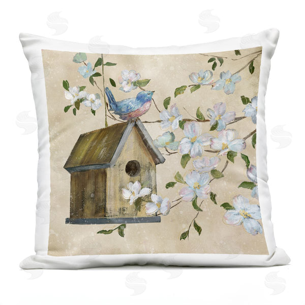 Stupell Industries Nan | Evening Song Birdhouse Over Beige Printed Throw Pillow