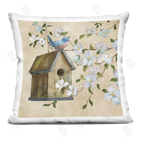 stupell industries Nan | Evening Song Birdhouse over Beige Printed Throw Pillow