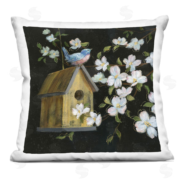 stupell industries Nan | Evening Song Birdhouse over Black Printed Throw Pillow