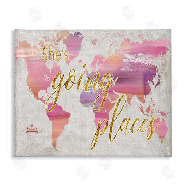stupell industries Nan | Glam Pink Ombre Map She's Going Places Phrase Wall Art