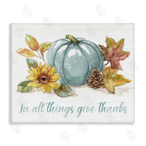 stupell industries Nan | In All Things Give Thanks Sentiment Blue Pumpkin Wall Art