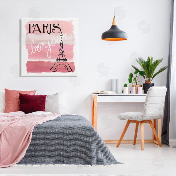 Stupell Industries Nan | Paris Bonjour French Eiffel Tower Abstract Pink Stripes Wall Art