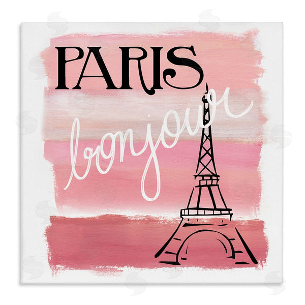stupell industries Nan | Paris Bonjour French Eiffel Tower Abstract Pink Stripes Wall Art