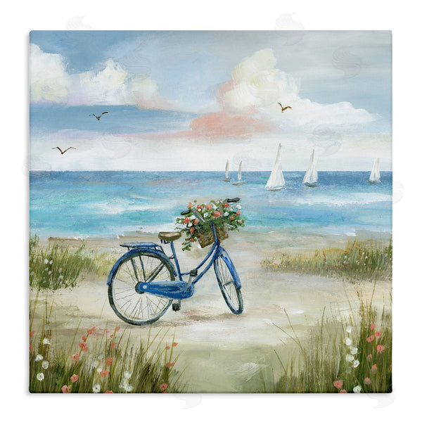 stupell industries Nan | Peaceful Bicycle Flower Basket Scenic Ocean Sailboats Wall Art
