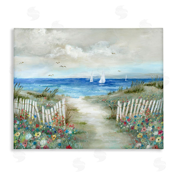 stupell industries Nan | Tranquil Beachside Flower Meadow Ocean Sailboats Scene Wall Art