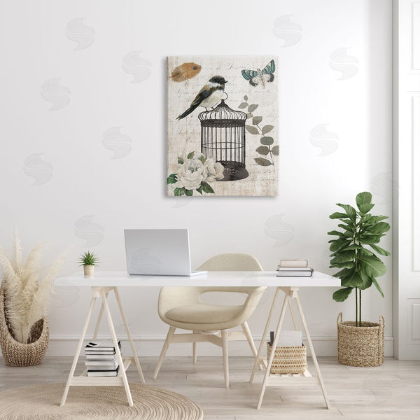 Stupell Industries Nan | Vintage Bird Cage Butterfly Floral Script Words Wall Art
