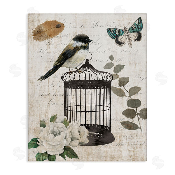 stupell industries Nan | Vintage Bird Cage Butterfly Floral Script Words Wall Art