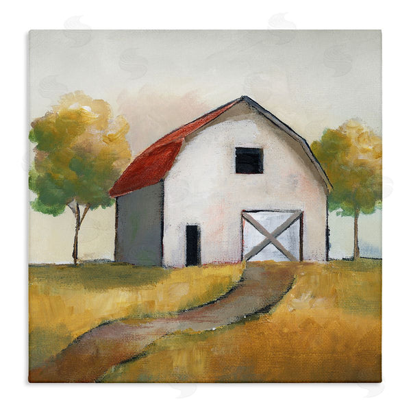 stupell industries Nan | White Barn Building Between Orchard Trees Autumn Landscape Wall Art