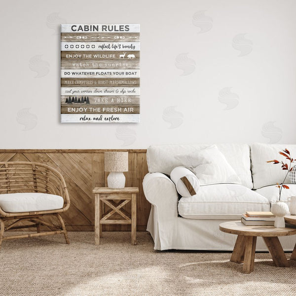 Stupell Industries Natalie Carpentieri | Cabin Rules Motivational List Rustic Forest Plank Pattern Wall Art