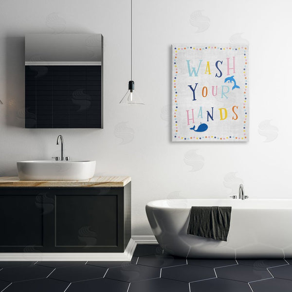 Stupell Industries Natalie Carpentieri | Wash Your Hands Bathroom Sign Playful Dolphin Whale Wall Art
