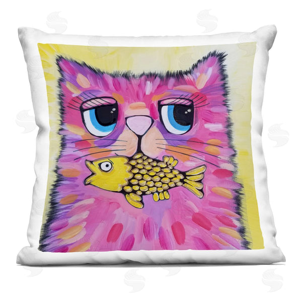 stupell industries Nettie Price | Pink Cat & Yellow Fish Printed Throw Pillow