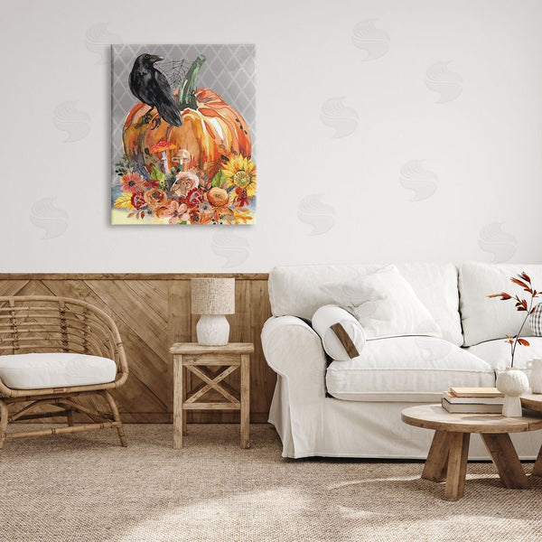 Stupell Industries Nicole DeCamp | Autumn Crow Pumpkin Botanicals Wall Art