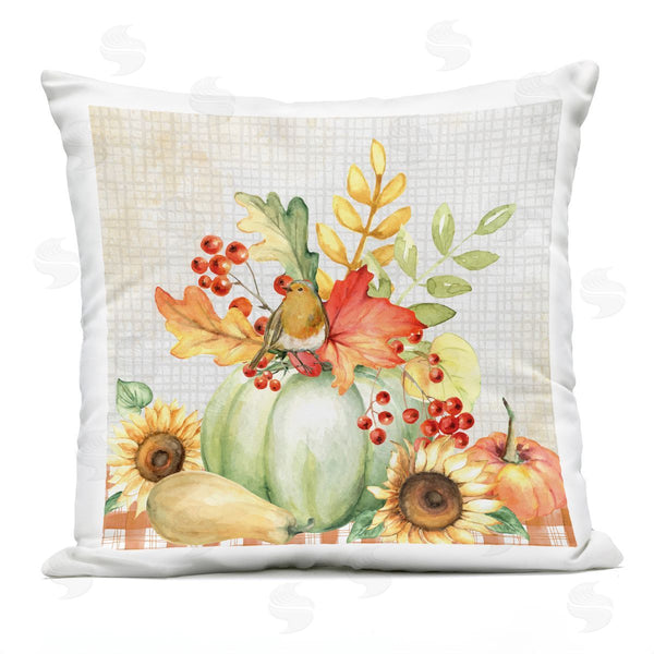 Stupell Industries Nicole DeCamp | Autumnal Gourds Bird Perched Printed Throw Pillow