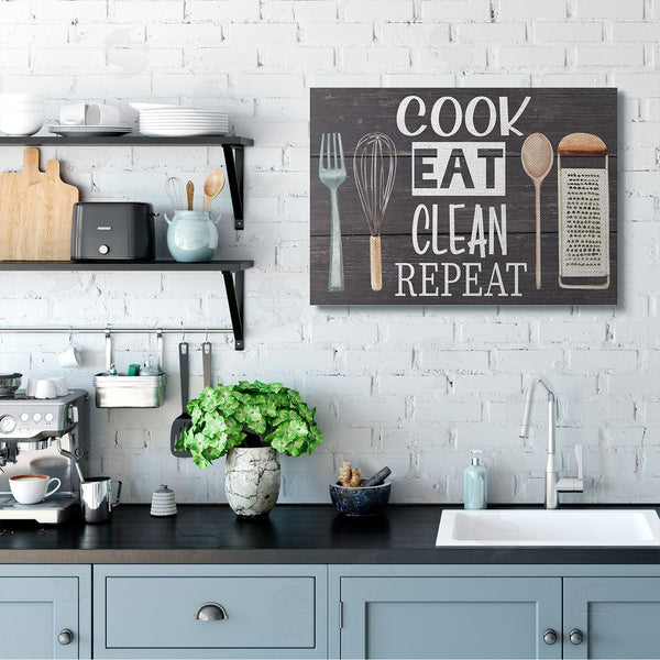 Stupell Industries Nicole DeCamp | Cook Eat Clean Humorous Quote Rustic Kitchenware Wall Art