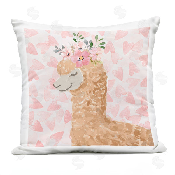 Stupell Industries Nicole DeCamp | Fluffy Floral Alpaca Cute Pink Heart Pattern Printed Throw Pillow